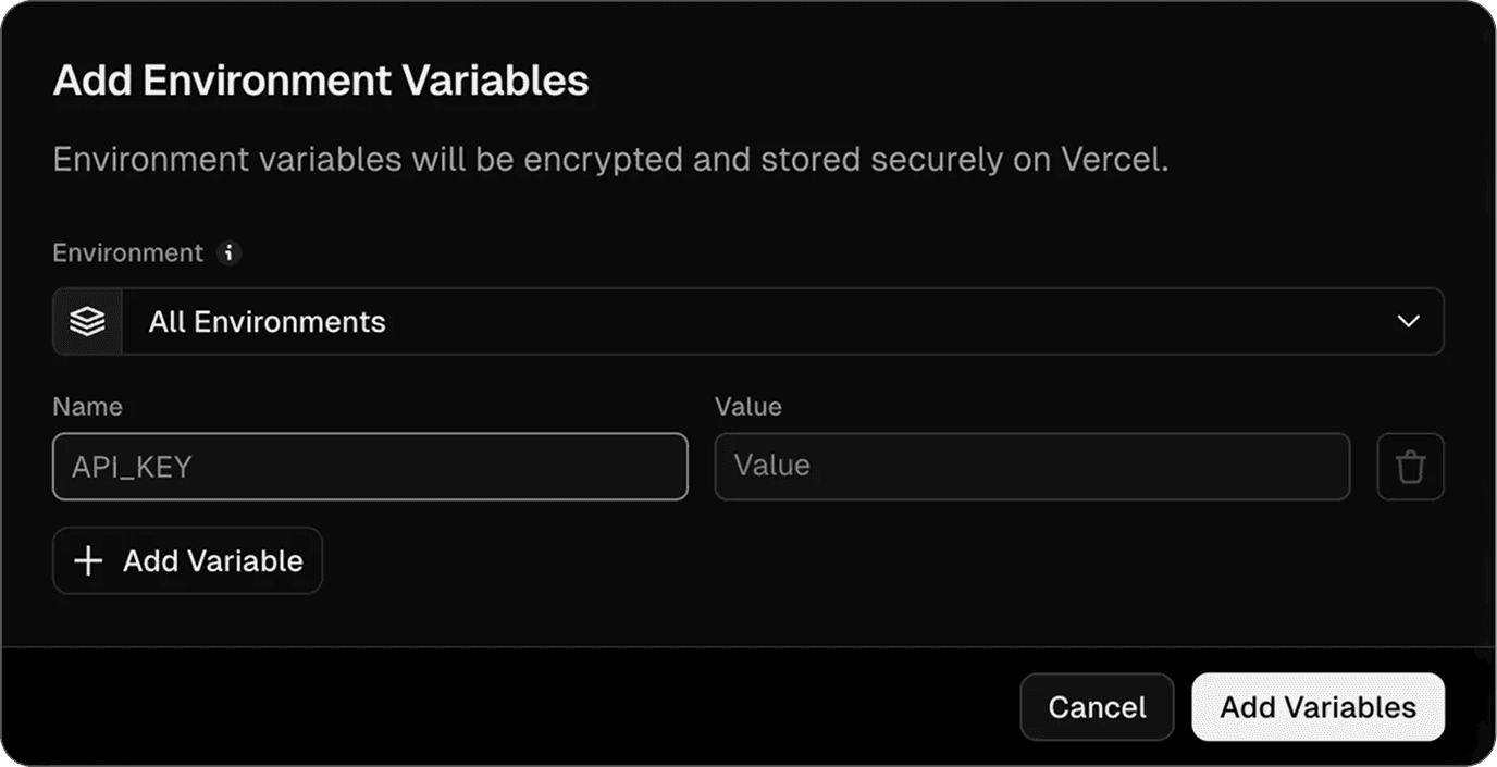 Add environment variables modal