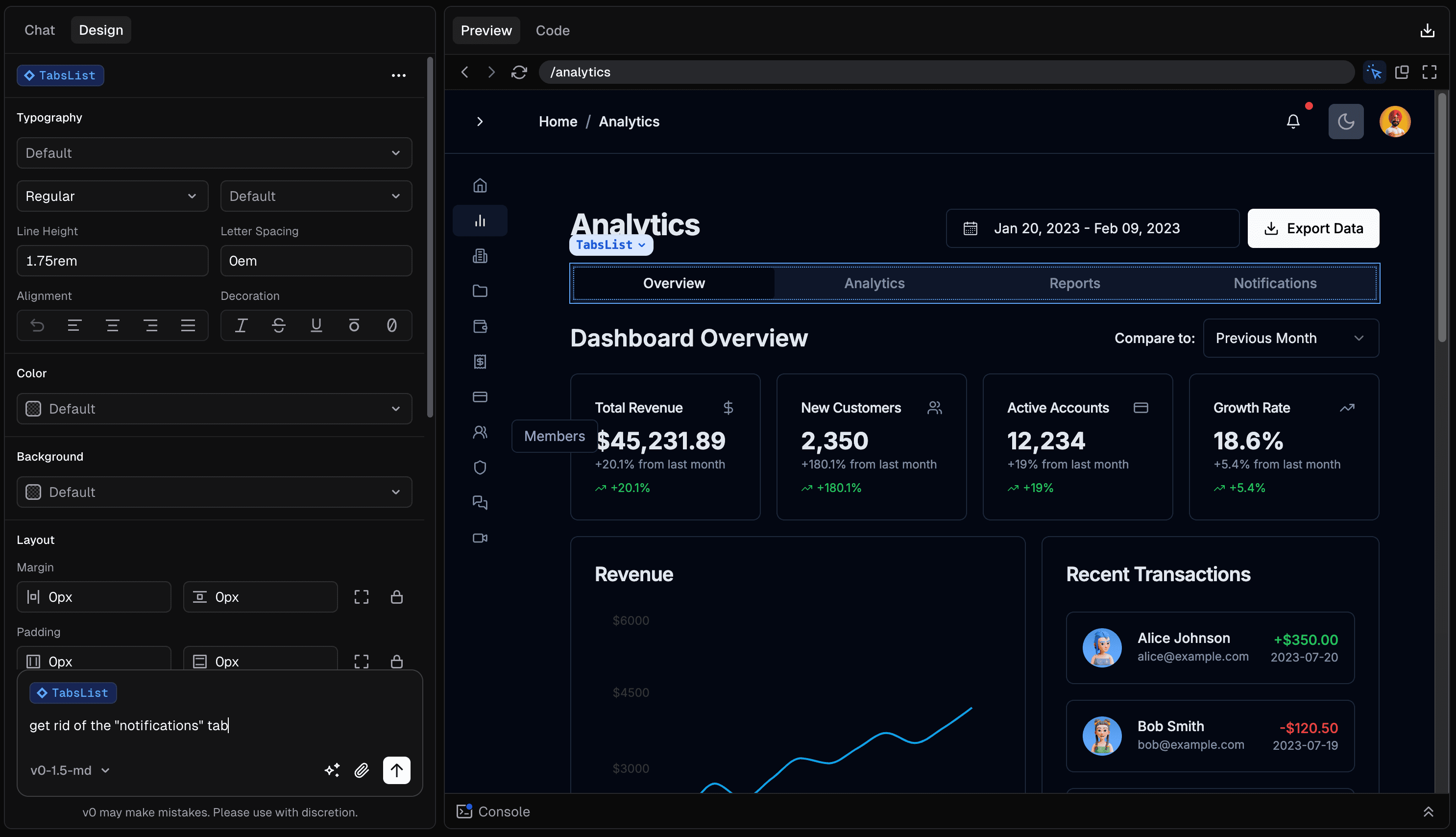 Prompting v0 while in design mode